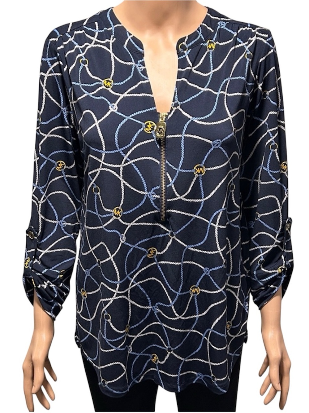 MICHAEL Michael Kors Navy and White Blouse with Gold Accents
